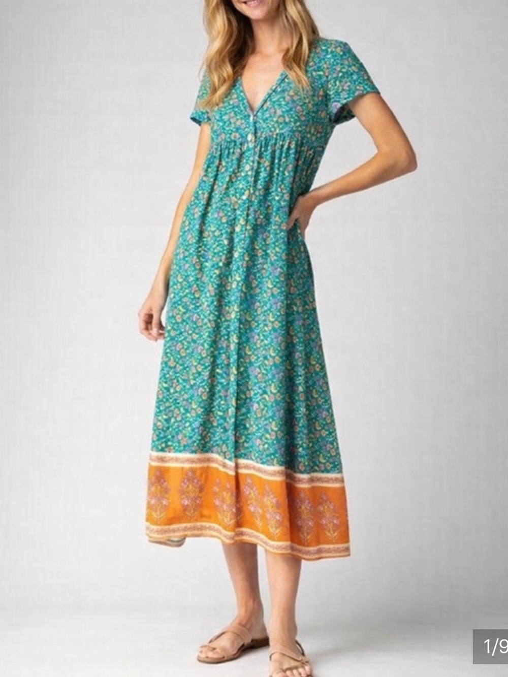 Natural Life Avery Midi Dress Floral Boho V-neck Pockets Turquoise Orange XS - Picture 14 of 15